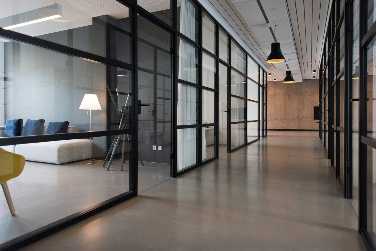 hallway between glass-panel doors. To indicate relationships