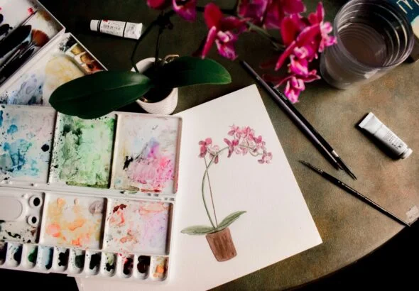 white pink and green floral painting