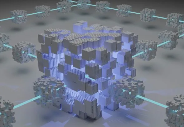 a computer generated image of a cube surrounded by smaller cubes